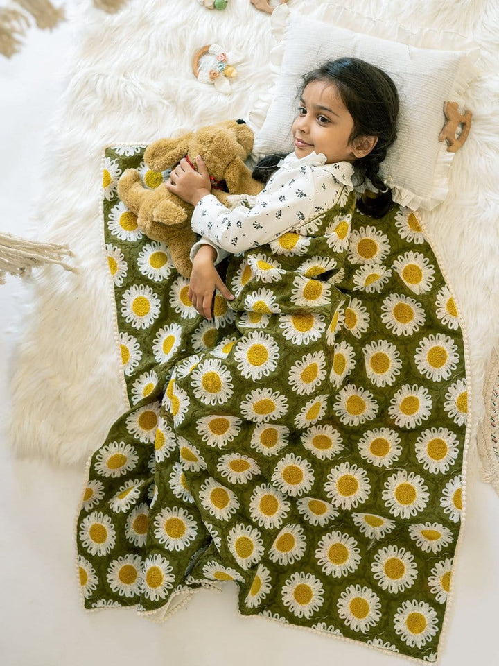 blankets Green Woollen Sunflower Reversible Baby Kids Blanket halemons kids
